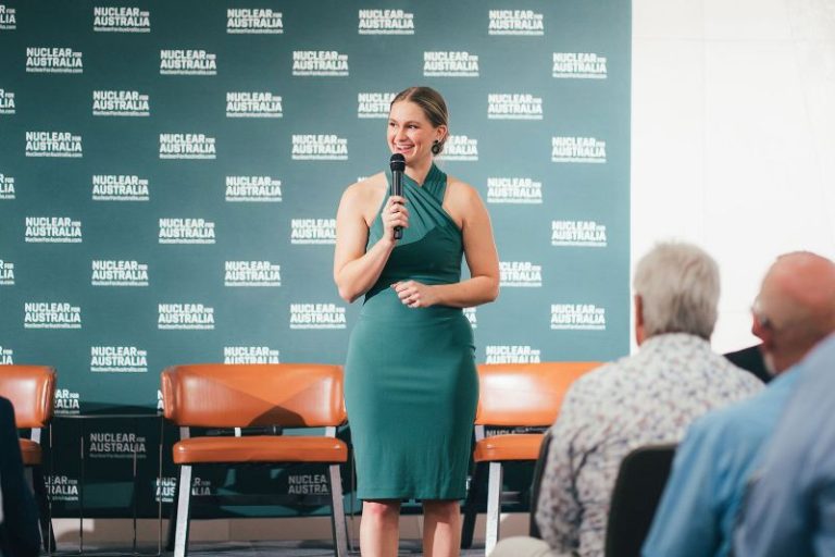 A former Miss America takes her nuclear sales pitch to audiences in Australia