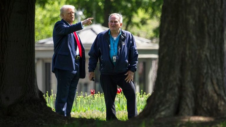 Trump unfurls plans for double 100-foot flagpoles during White House lawn walk